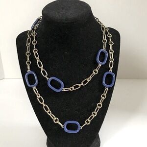 Mythologie chain link necklace, 18”, silver tone metal and navy blue enamel
